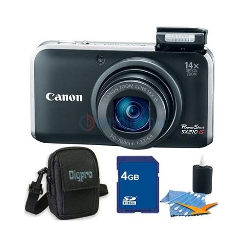 Canon PowerShot SX210 IS Digital Camera + 4GB Memory Card + Deluxe Camera Case + 3-pc Lens Cleaning Kit $199