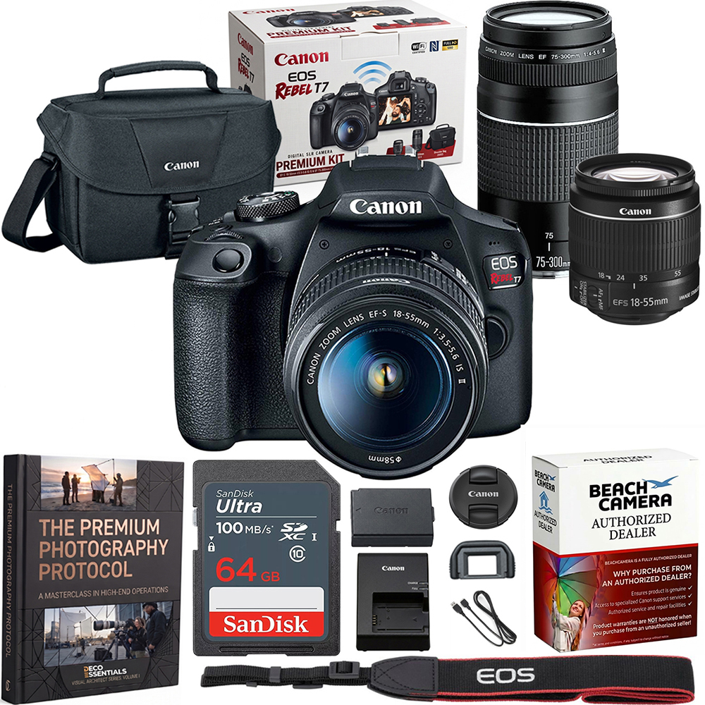 Canon EOS Rebel T7 DSLR Camera w 18-55mm IS II + 75-300mm III Double Zoom Bundle