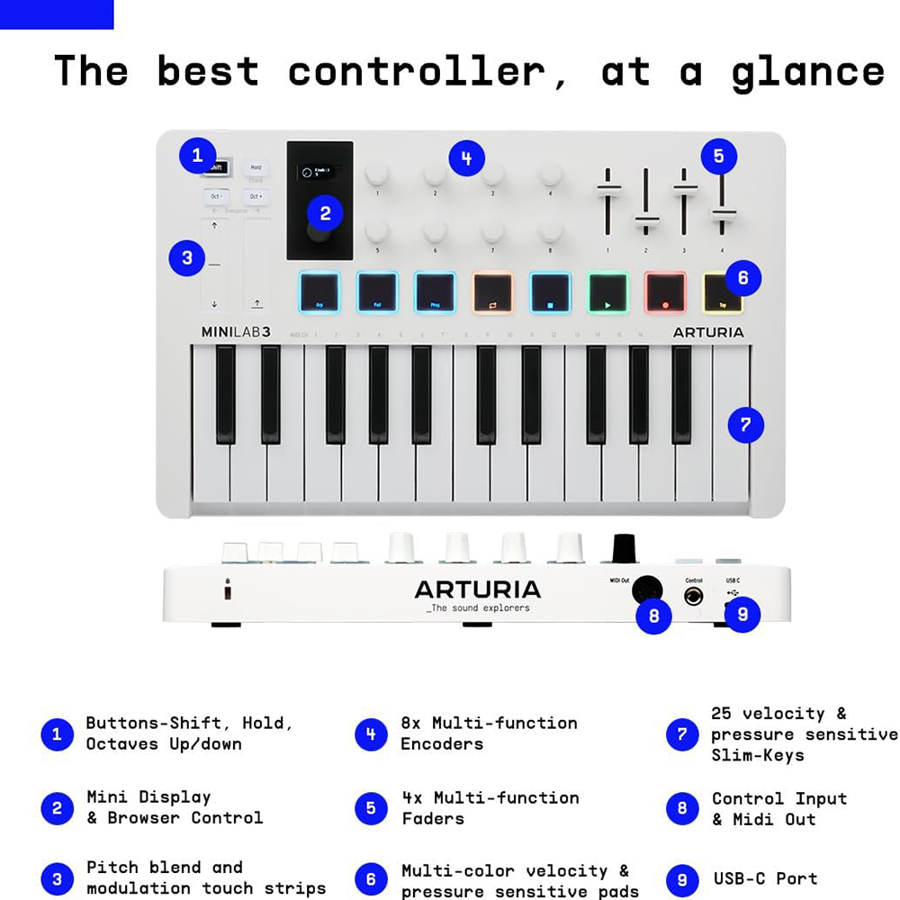 Arturia MiniLab 3 25-Key MIDI Controller Keyboard, White