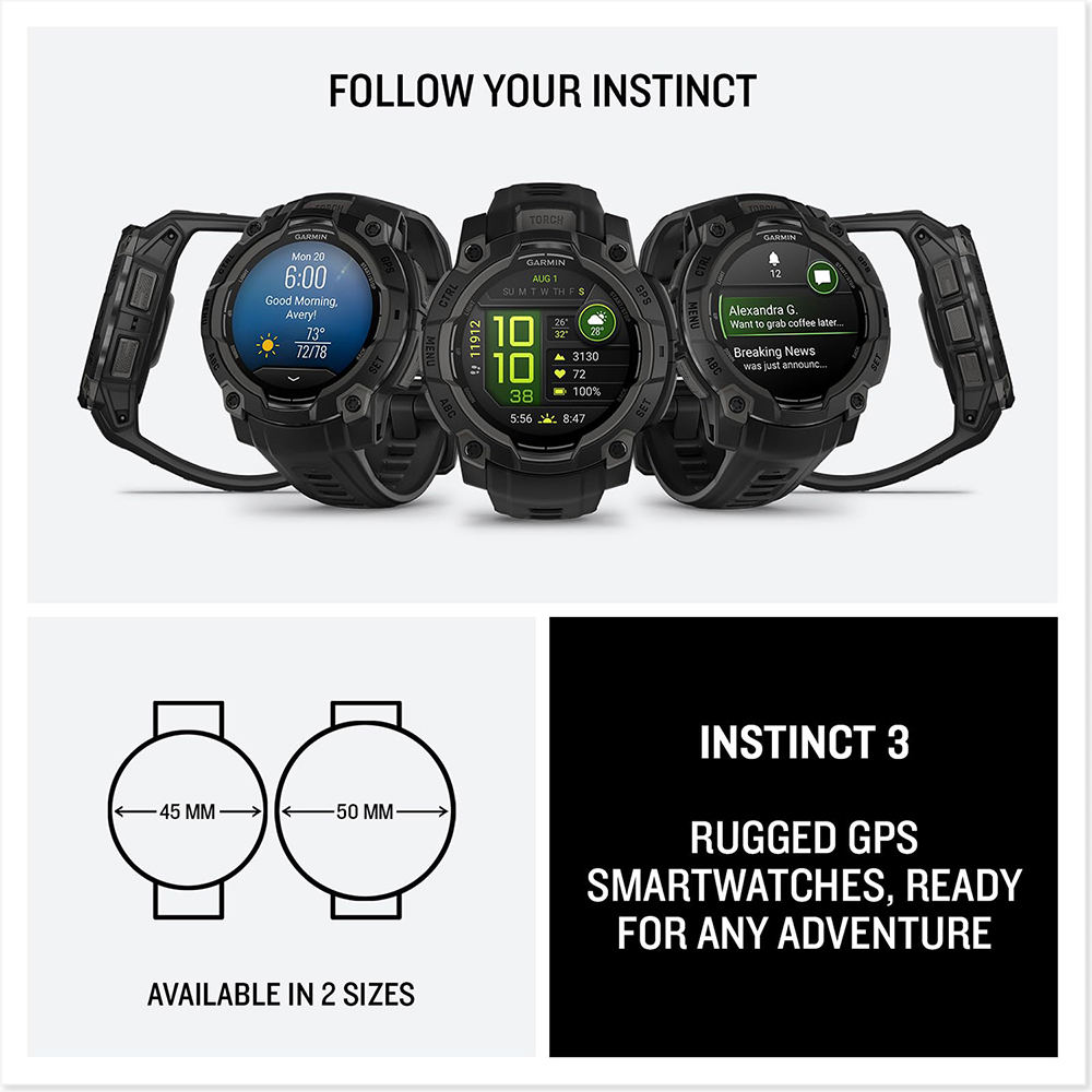 Garmin Instinct 3 Rugged GPS Smartwatch Bundle | 45mm / 50mm | AMOLED / Solar