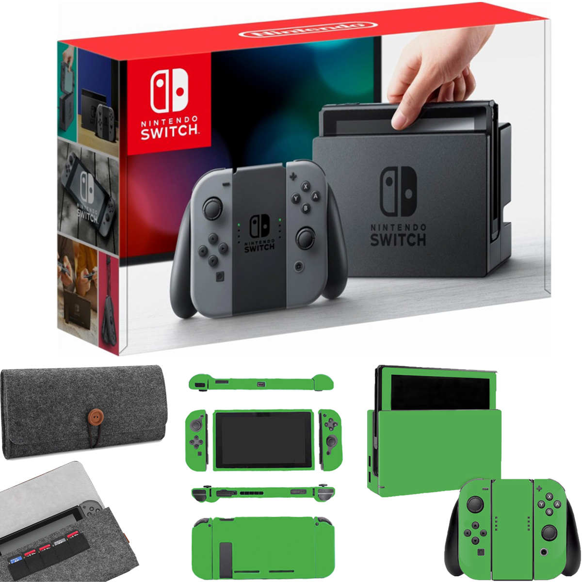 Nintendo Switch 32GB Gray JoyCon & Deco Gear Protective Sleeve+Lime