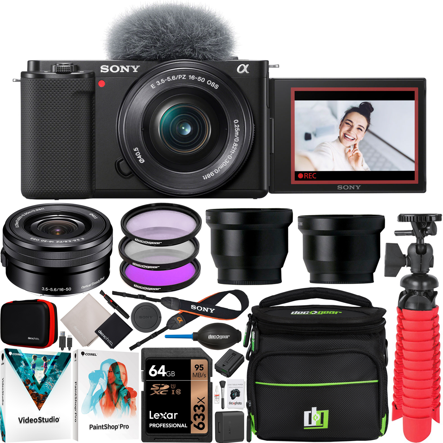 Sony ZV-E10 Mirrorless Camera with 16-50mm Lens (Black) with Essential Acc.  Kit ILCZV-E10L/B EK